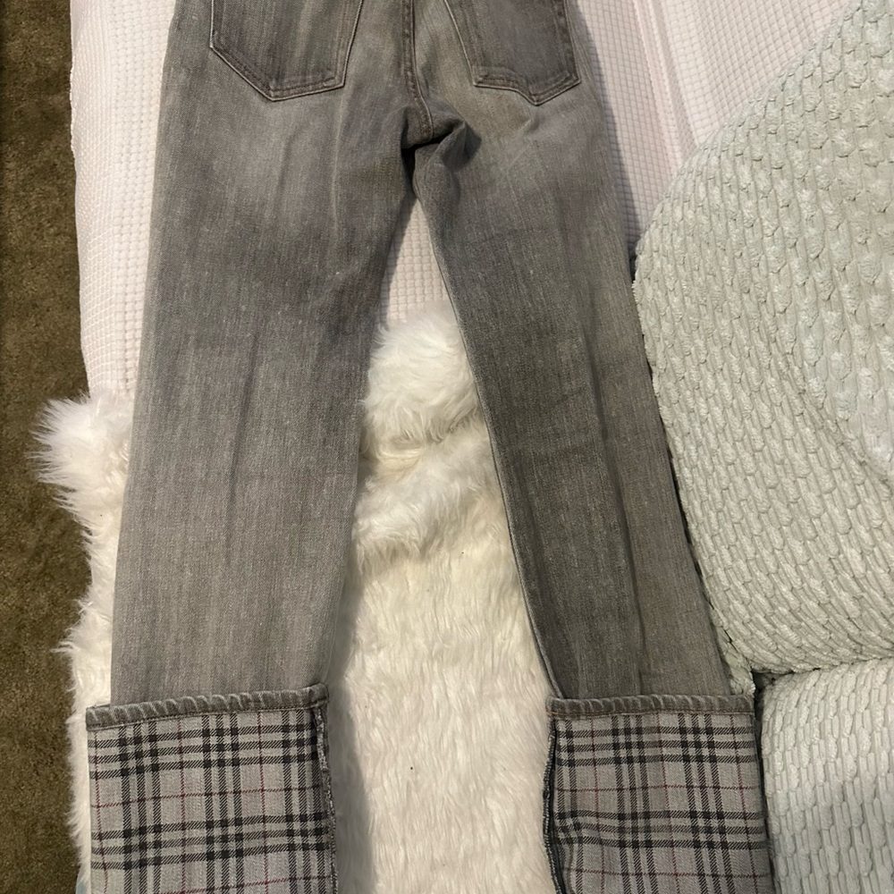 Burberry Gray Straight Leg Jeans with Plaid Cuffs